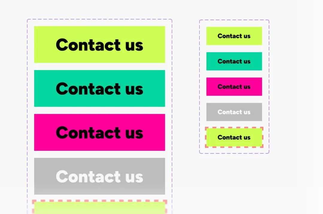 Two vertical groups of colorful rectangular buttons labeled 'Contact us' in black or white text, with different background colors including light green, turquoise, pink, and gray.