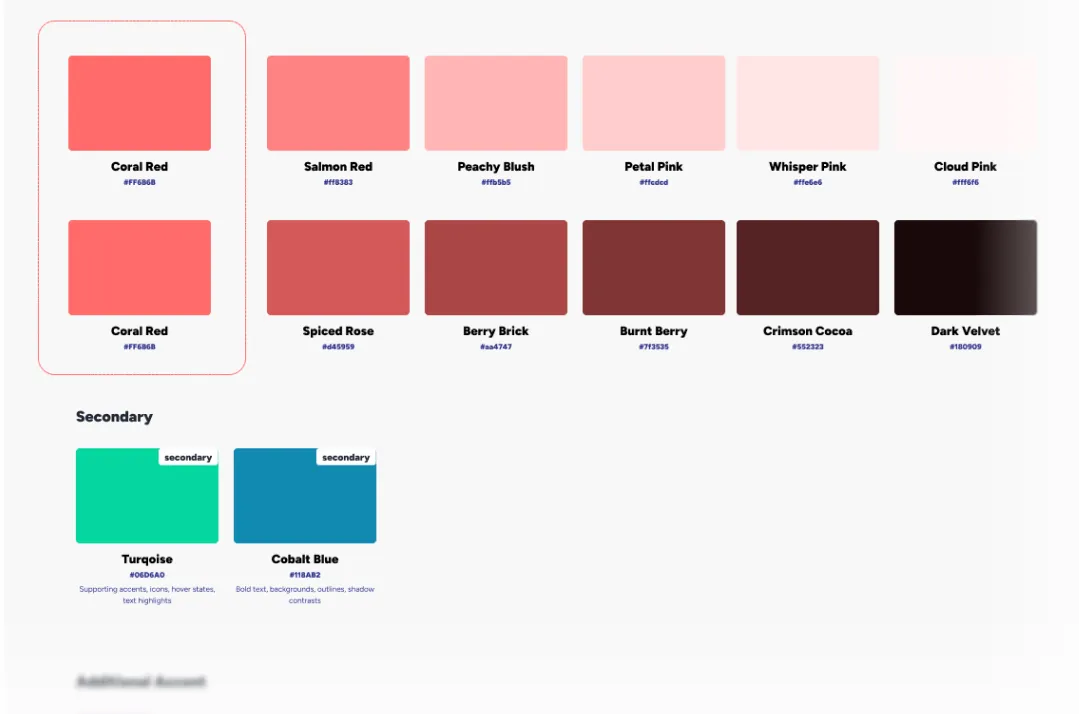 Palette of reds and pinks including Coral Red, Salmon Red, Peachy Blush, Petal Pink, Whisper Pink, Cloud Pink, Spiced Rose, Berry Brick, Burnt Berry, Crimson Cocoa, Dark Velvet, and secondary colors Turqoise and Cobalt Blue with color codes.