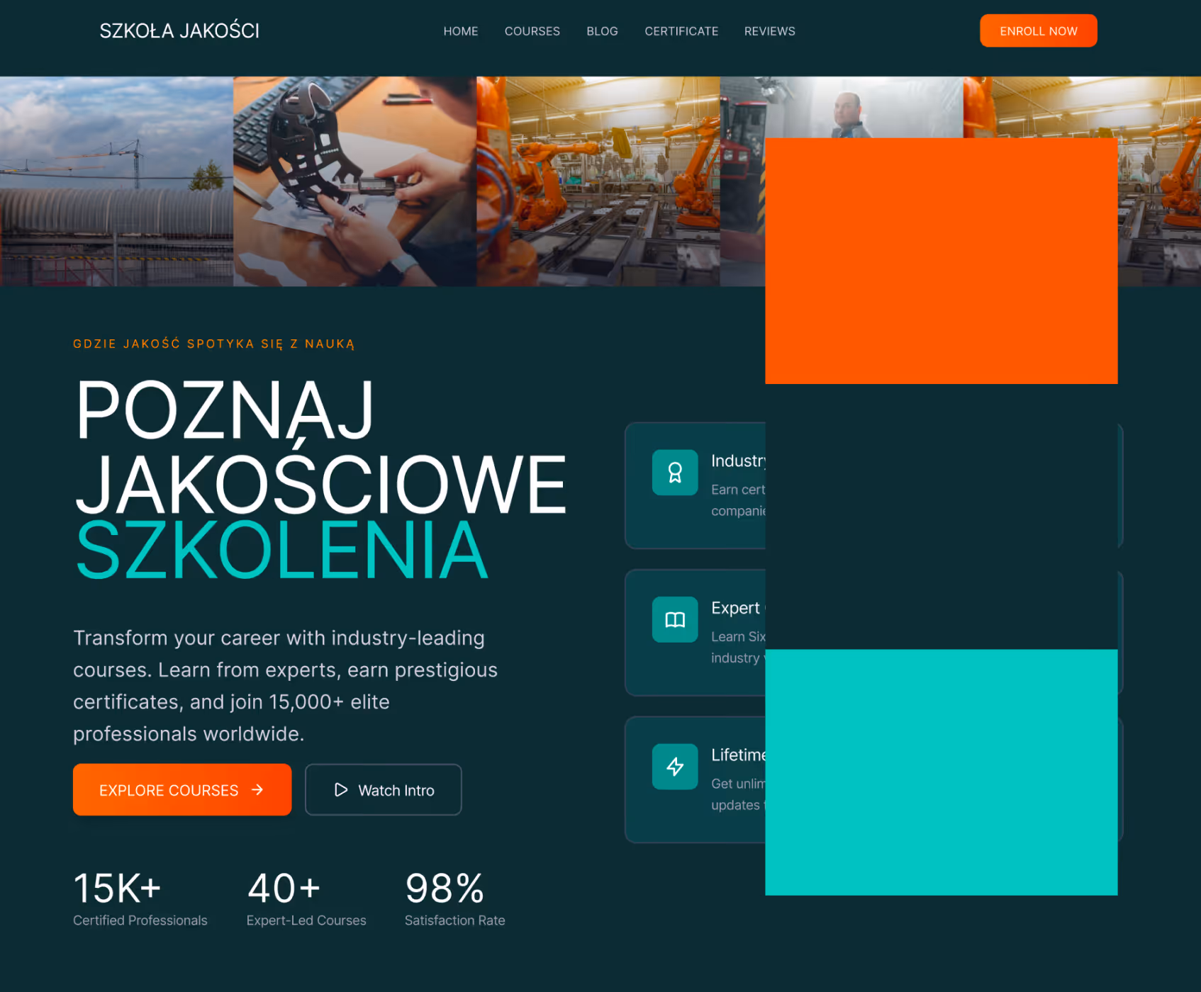 Website homepage of Szkoła Jakości featuring industry-related images, a Polish headline promoting quality training, course benefits, and stats on certified professionals, expert-led courses, and satisfaction rate.