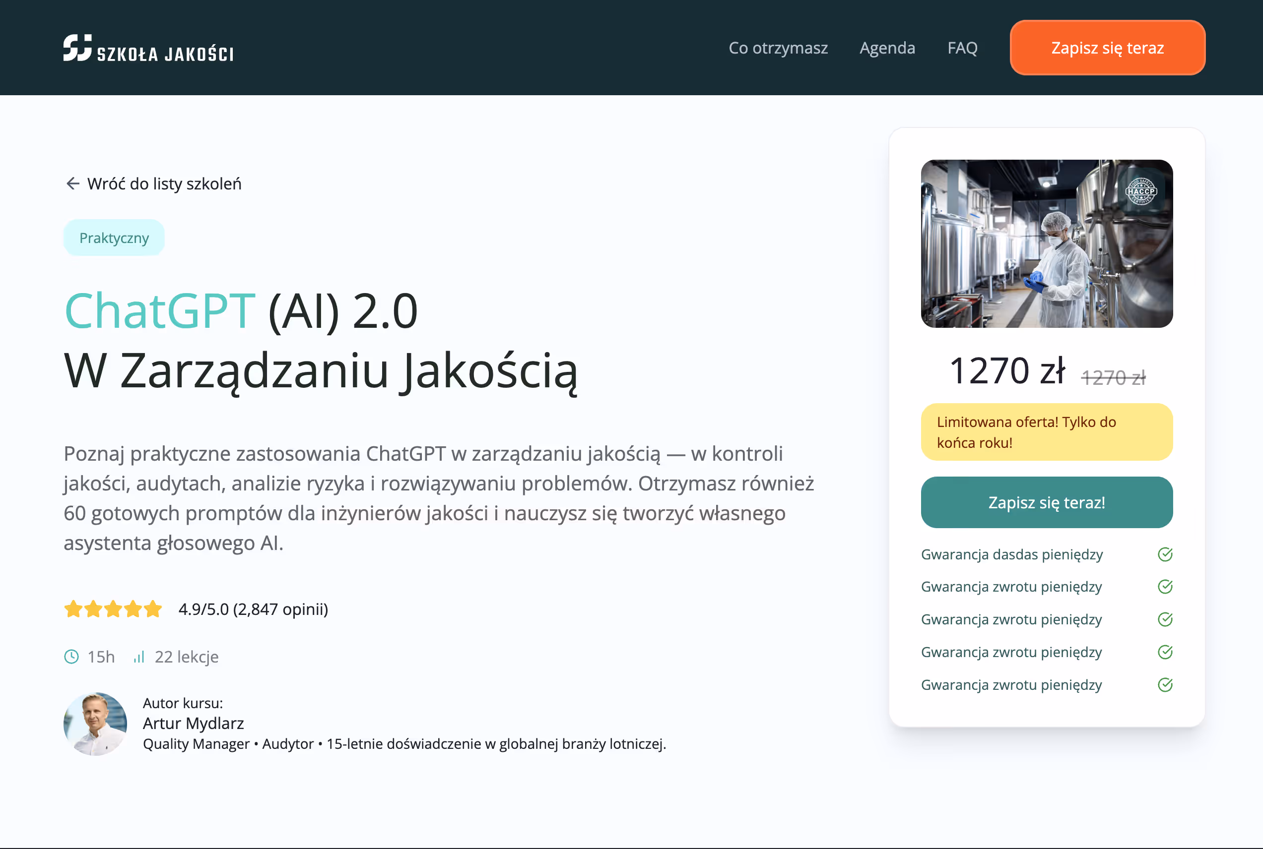 Online course page for ChatGPT AI 2.0 in quality management by Artur Mydlarz, including course rating, duration, lessons, price, and sign-up button.