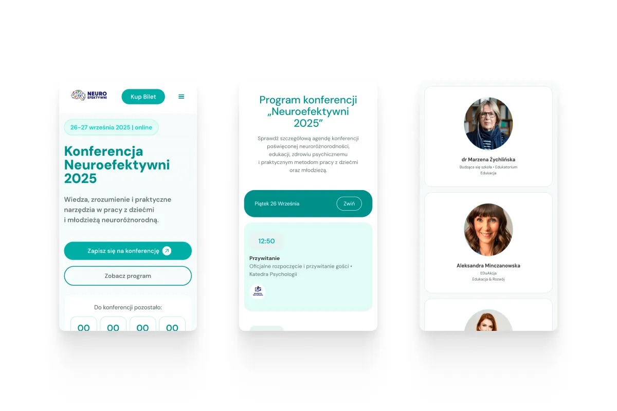 Three mobile screens for the Neuroefektywni 2025 conference website, featuring the event program, registration form, and speaker profiles.