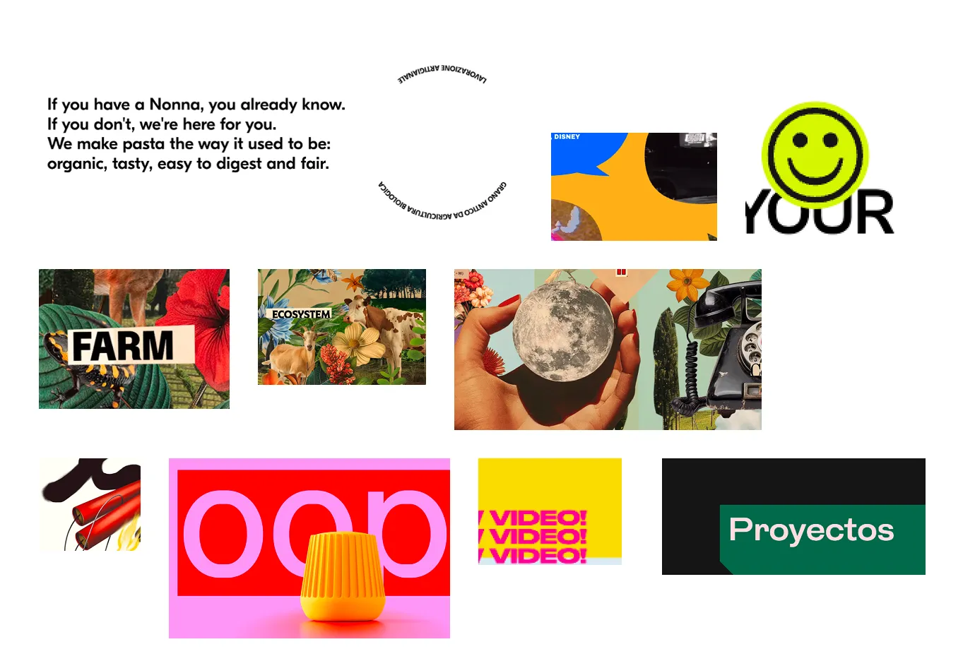 Collage including text about organic pasta, a circular Italian text, images of a salamander with 'FARM', cows with 'ECOSYSTEM', a hand holding a moon, a vintage telephone, colorful abstract elements, and the word 'Proyectos'.
