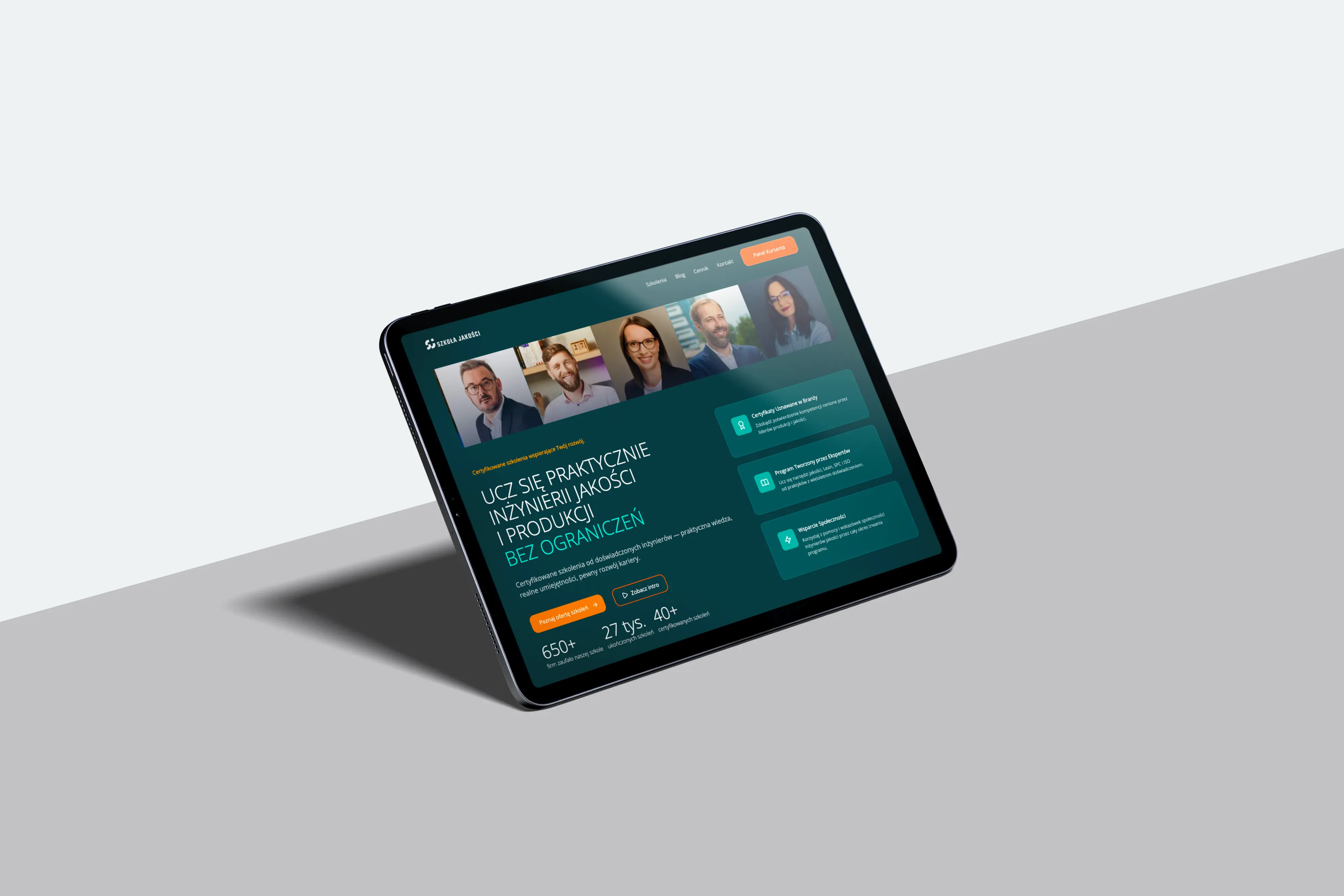 Tablet showing a Polish website for certified practical quality and production engineering courses with instructor photos and course features.