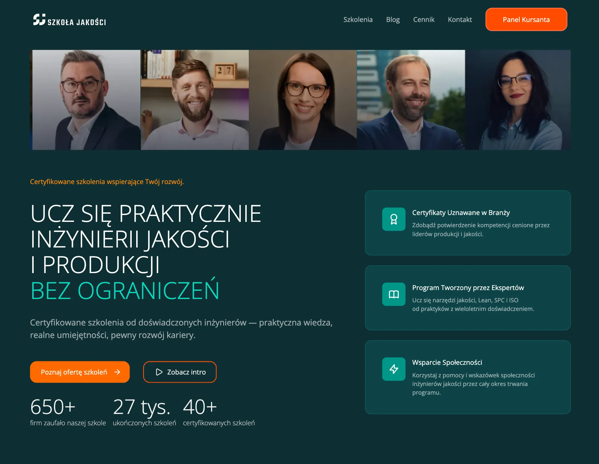 School of Quality homepage featuring portraits of five individuals, a hero headline encouraging limitless learning in quality and production engineering, and details regarding certified training, the expert program, and community support.