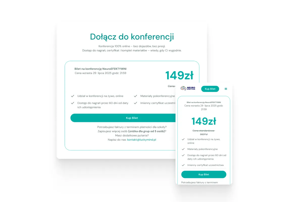 Screen showing online conference ticket offer for 149 zł with live participation, post-conference materials, 60-day recording access, and personalized certificate.